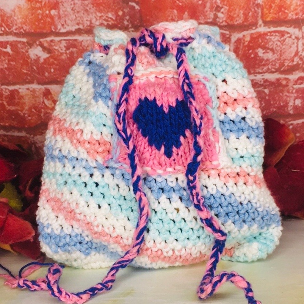 Vintage Handmade Colorful Crochet Drawstring Bag with Heart Design